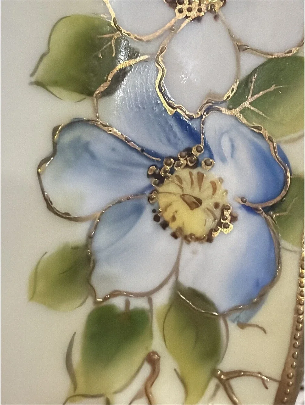 Antique Nippon Hand Painted Porcelain Vanity Tray Gold Blue White Floral Japan